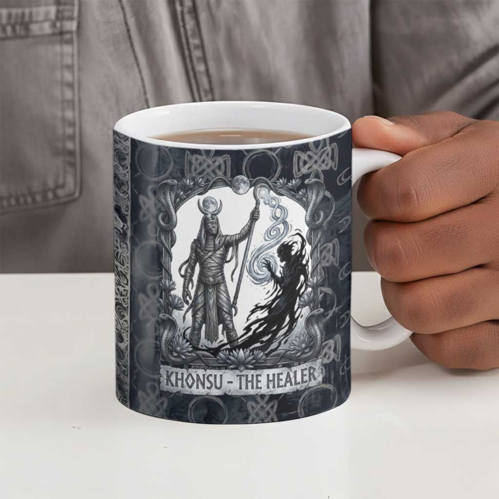 Khonsu Ancient Egyptian Ceramic Mug with Dark Celtic Knot Pattern, Baboon Guardian Symbol, and Moon Healer Motif - African Pride