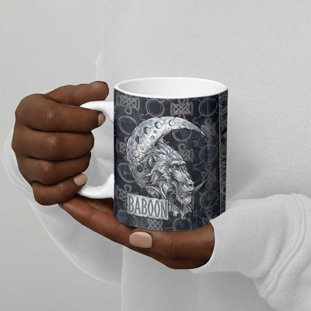 Khonsu Ancient Egyptian Ceramic Mug with Dark Celtic Knot Pattern, Baboon Guardian Symbol, and Moon Healer Motif - African Pride