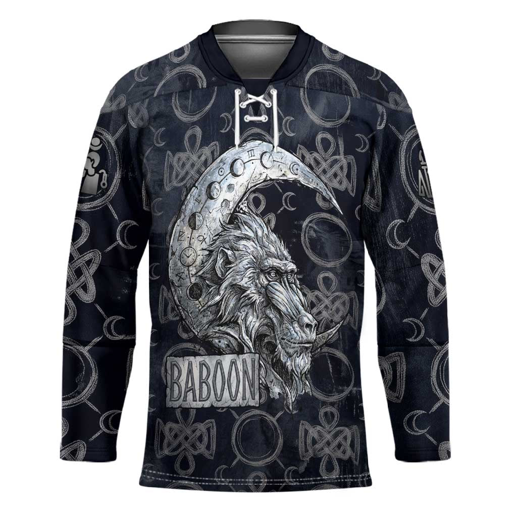 Khonsu Ancient Egyptian Hockey Jersey with Dark Celtic Knot Pattern, Baboon Guardian Symbol, and Moon Healer Motif - African Pride