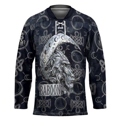 Khonsu Ancient Egyptian Hockey Jersey with Dark Celtic Knot Pattern, Baboon Guardian Symbol, and Moon Healer Motif - African Pride