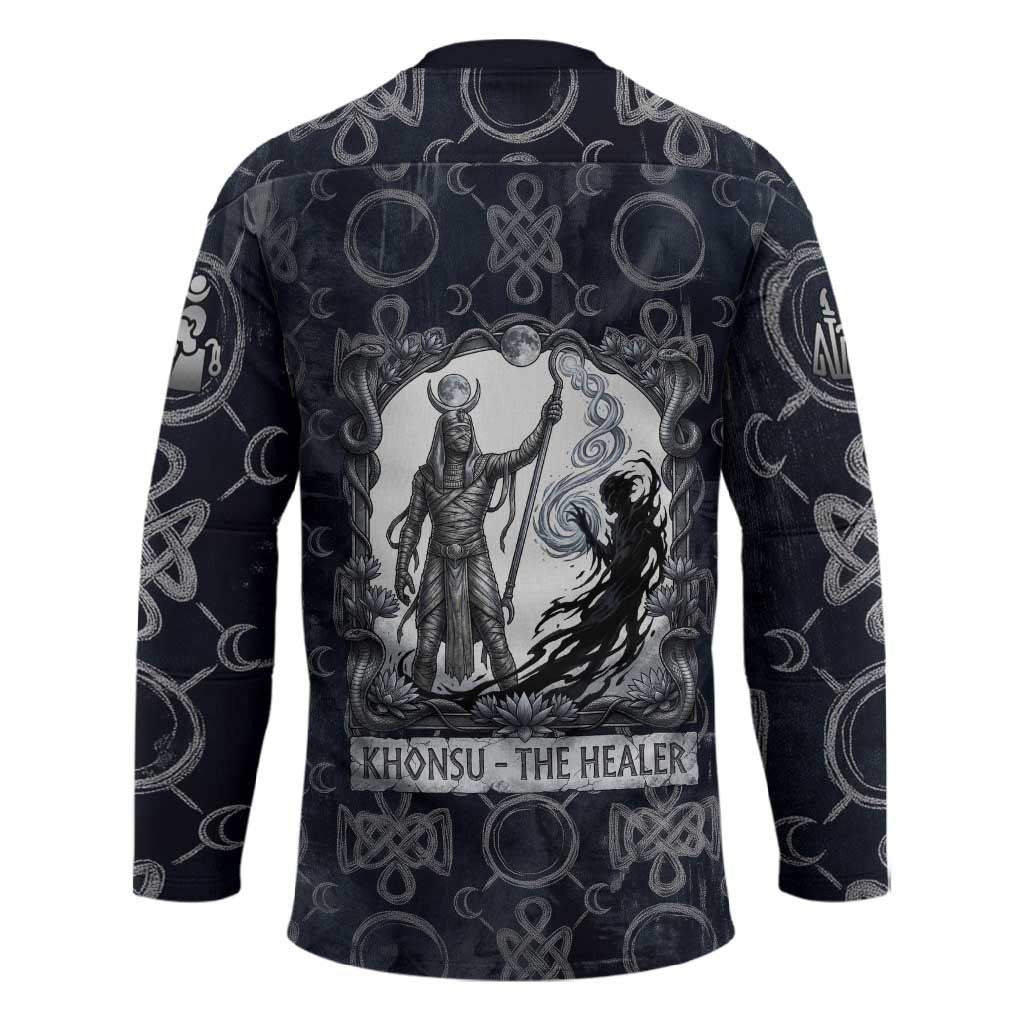 Khonsu Ancient Egyptian Hockey Jersey with Dark Celtic Knot Pattern, Baboon Guardian Symbol, and Moon Healer Motif - African Pride