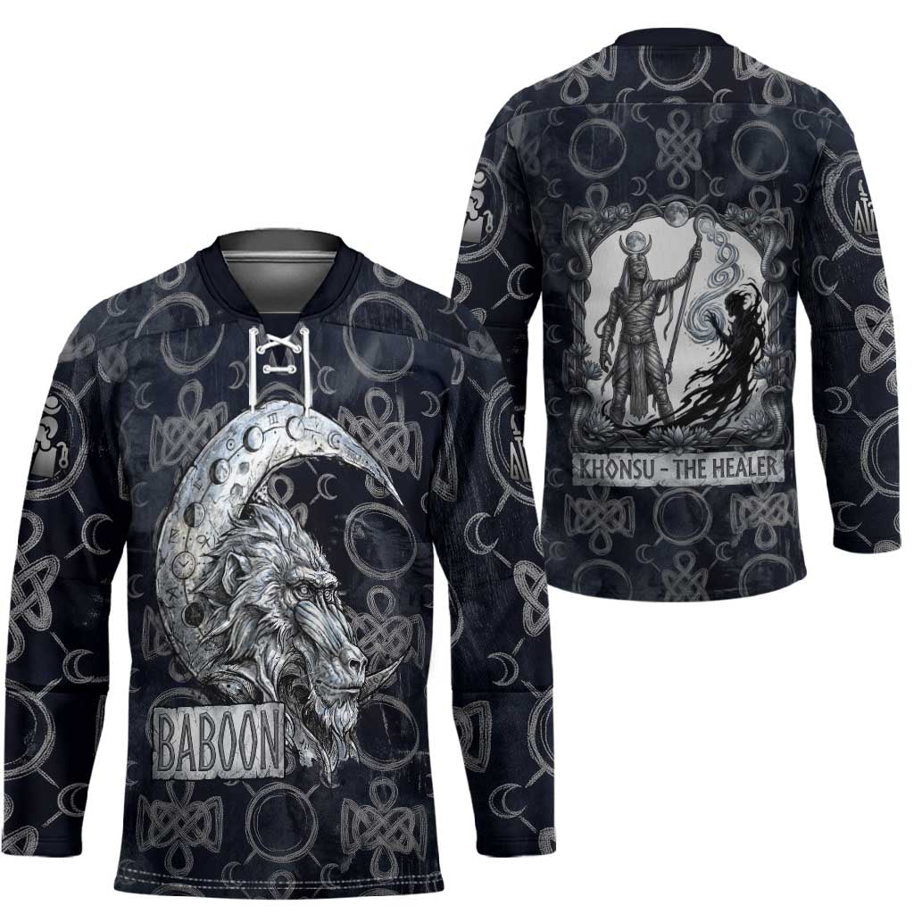 Khonsu Ancient Egyptian Hockey Jersey with Dark Celtic Knot Pattern, Baboon Guardian Symbol, and Moon Healer Motif - African Pride