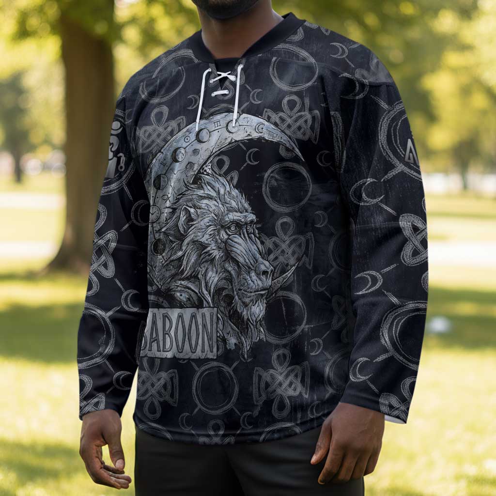 Khonsu Ancient Egyptian Hockey Jersey with Dark Celtic Knot Pattern, Baboon Guardian Symbol, and Moon Healer Motif - African Pride