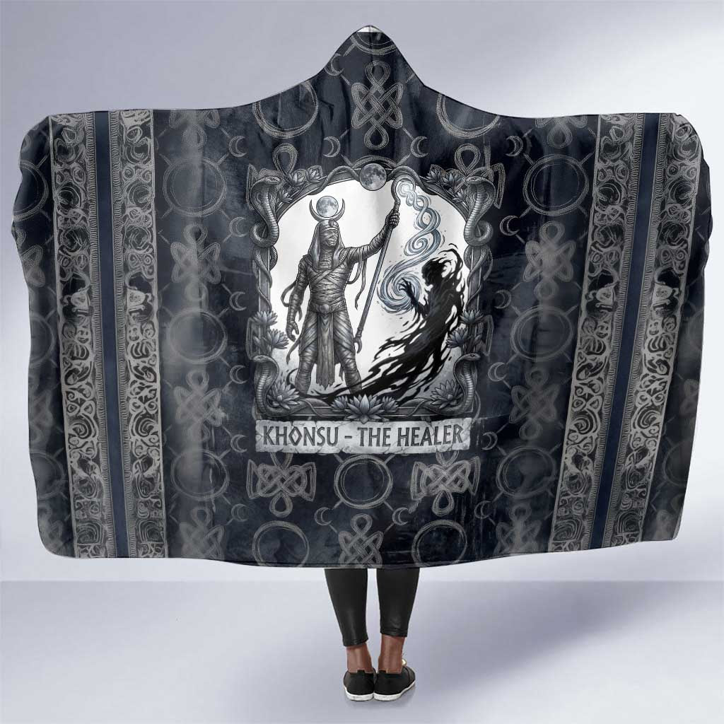 Khonsu Ancient Egyptian Hooded Blanket with Dark Celtic Knot Pattern, Baboon Guardian Symbol, and Moon Healer Motif - African Pride