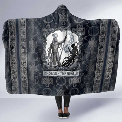 Khonsu Ancient Egyptian Hooded Blanket with Dark Celtic Knot Pattern, Baboon Guardian Symbol, and Moon Healer Motif - African Pride