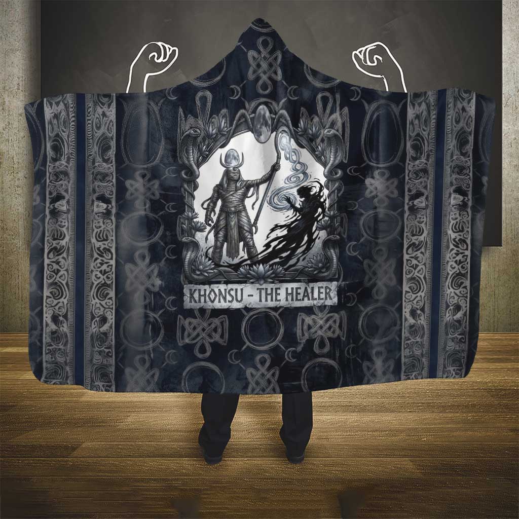 Khonsu Ancient Egyptian Hooded Blanket with Dark Celtic Knot Pattern, Baboon Guardian Symbol, and Moon Healer Motif - African Pride
