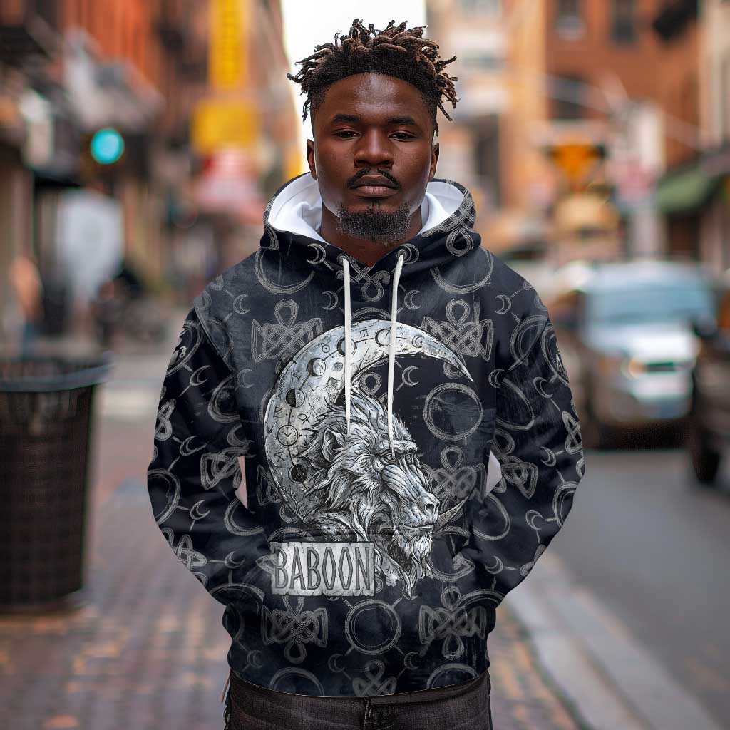Khonsu Ancient Egyptian Hoodie with Dark Celtic Knot Pattern, Baboon Guardian Symbol, and Moon Healer Motif - African Pride