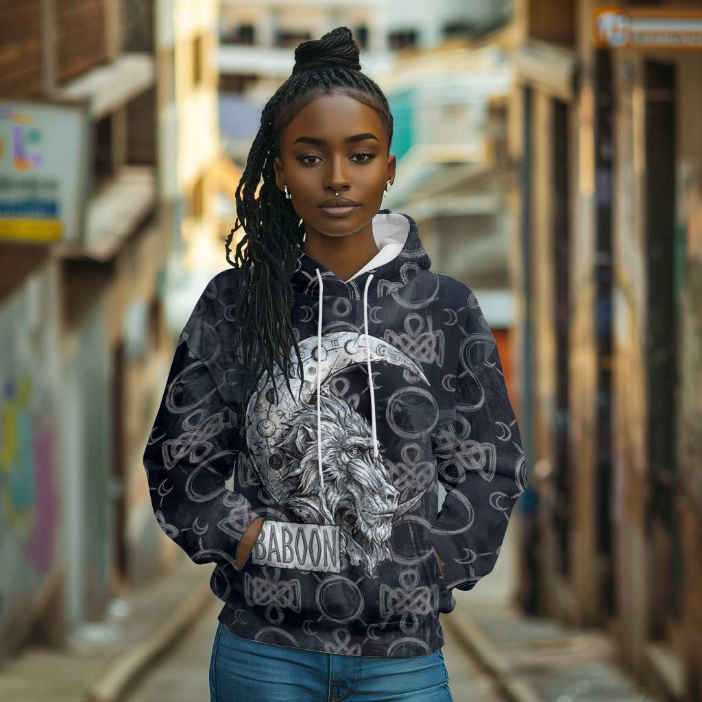 Khonsu Ancient Egyptian Hoodie with Dark Celtic Knot Pattern, Baboon Guardian Symbol, and Moon Healer Motif - African Pride