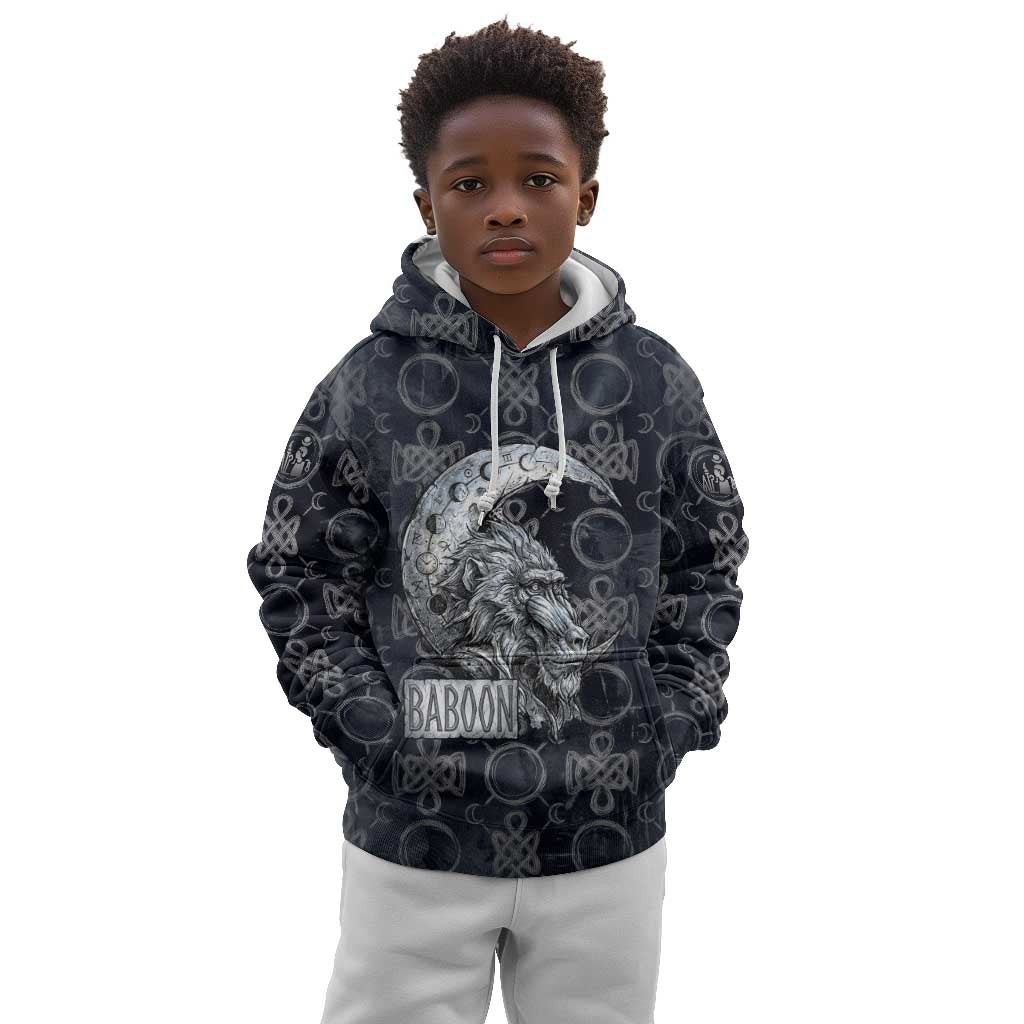 Khonsu Ancient Egyptian Kid Hoodie with Dark Celtic Knot Pattern, Baboon Guardian Symbol, and Moon Healer Motif - African Pride