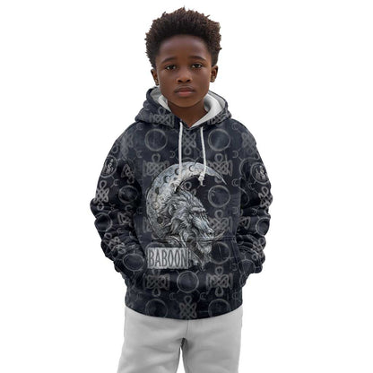 Khonsu Ancient Egyptian Kid Hoodie with Dark Celtic Knot Pattern, Baboon Guardian Symbol, and Moon Healer Motif - African Pride