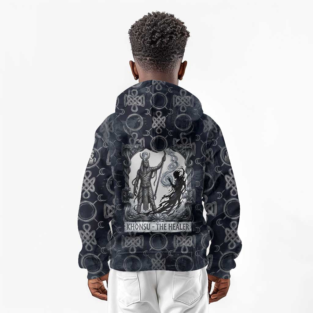 Khonsu Ancient Egyptian Kid Hoodie with Dark Celtic Knot Pattern, Baboon Guardian Symbol, and Moon Healer Motif - African Pride