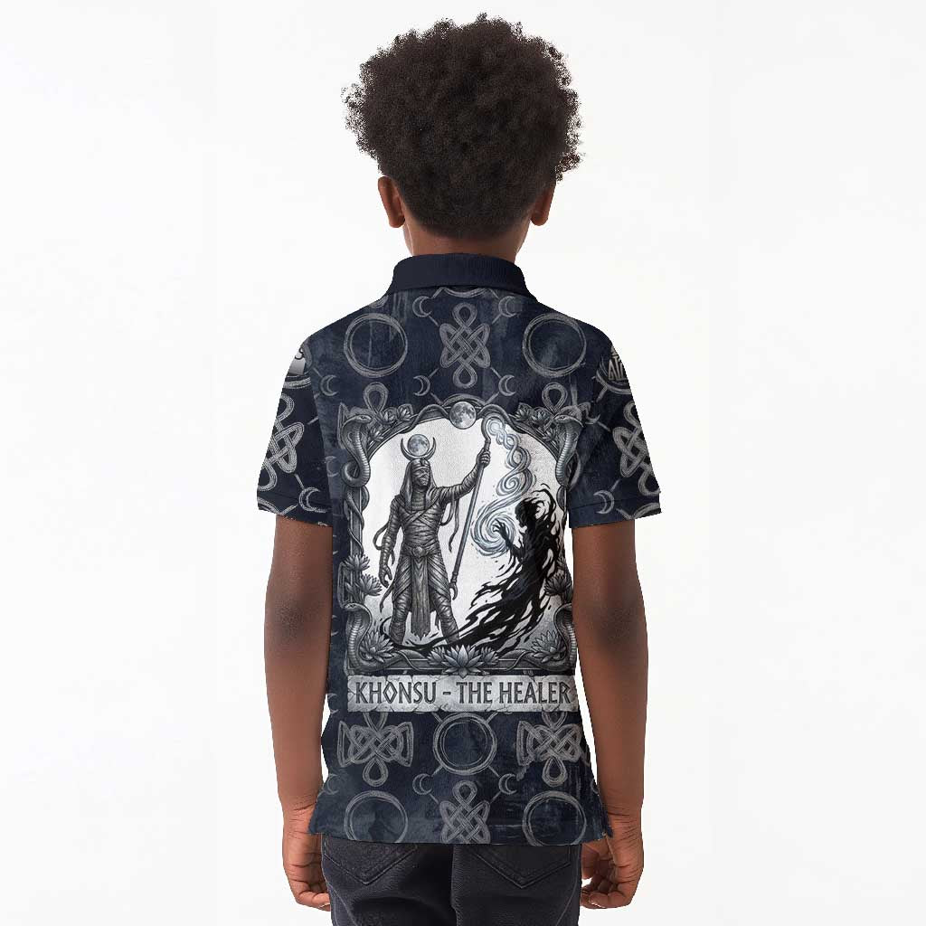 Khonsu Ancient Egyptian Kid Polo Shirt with Dark Celtic Knot Pattern, Baboon Guardian Symbol, and Moon Healer Motif - African Pride