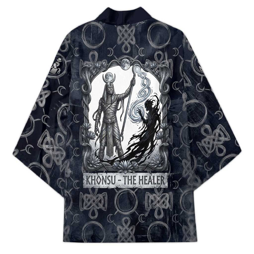 Khonsu Ancient Egyptian Kimono with Dark Celtic Knot Pattern, Baboon Guardian Symbol, and Moon Healer Motif - African Pride