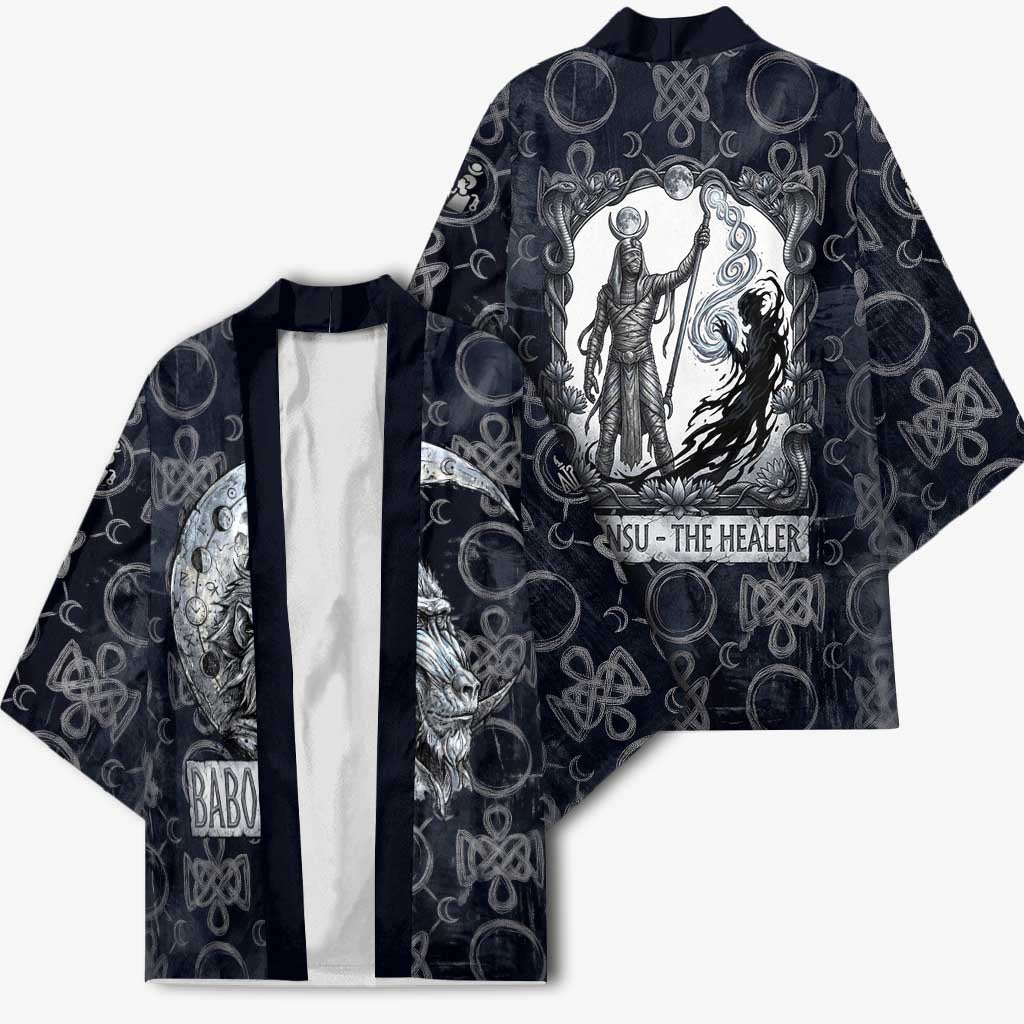 Khonsu Ancient Egyptian Kimono with Dark Celtic Knot Pattern, Baboon Guardian Symbol, and Moon Healer Motif - African Pride