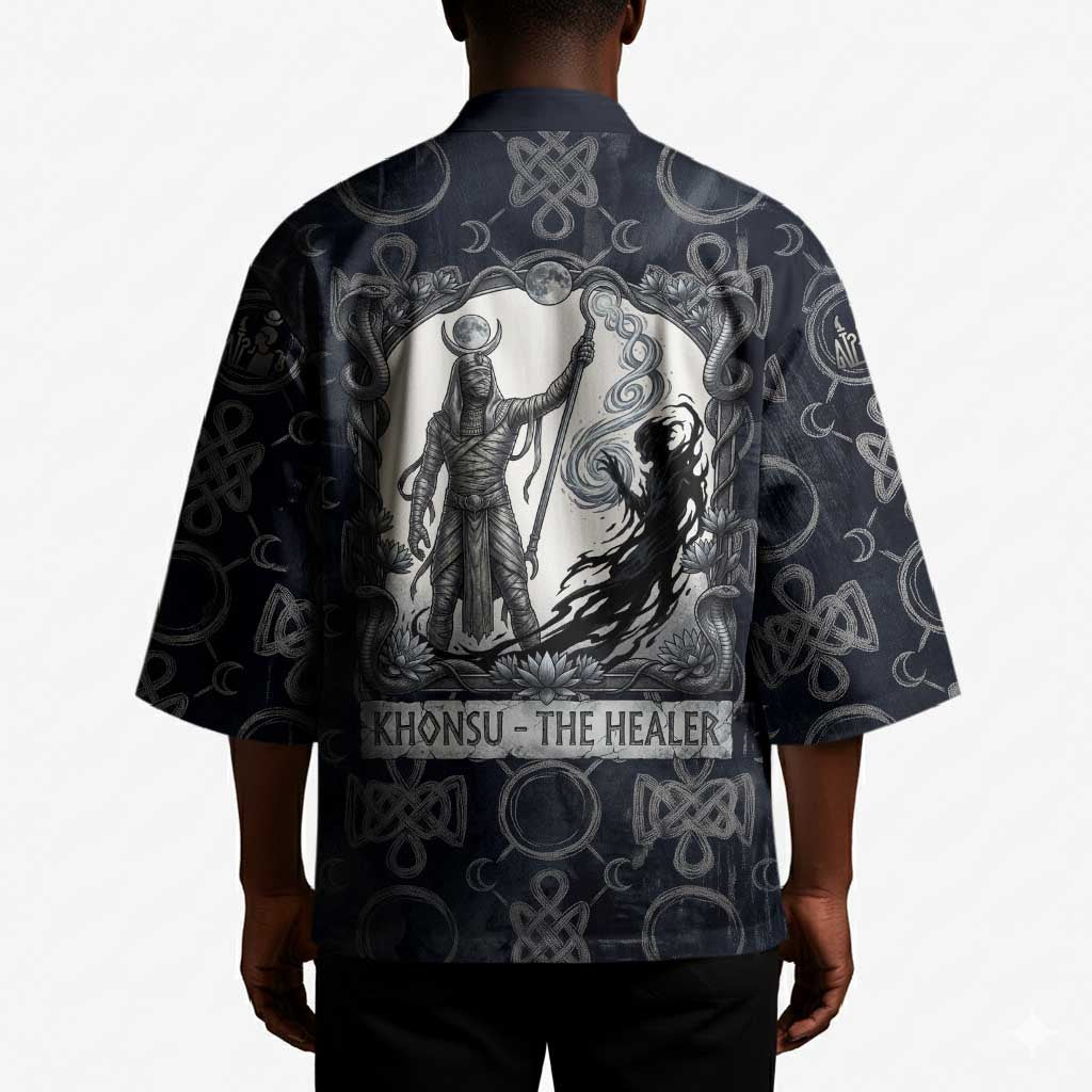 Khonsu Ancient Egyptian Kimono with Dark Celtic Knot Pattern, Baboon Guardian Symbol, and Moon Healer Motif - African Pride