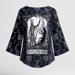 Khonsu Ancient Egyptian Kimono Sleeve Blouse with Dark Celtic Knot Pattern, Baboon Guardian Symbol, and Moon Healer Motif - African Pride