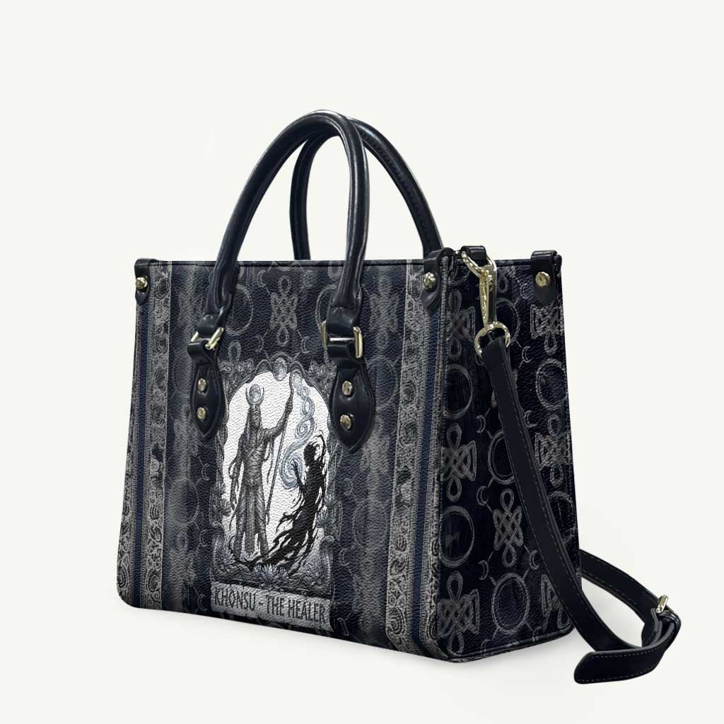 Khonsu Ancient Egyptian Leather Bag with Dark Celtic Knot Pattern, Baboon Guardian Symbol, and Moon Healer Motif - African Pride
