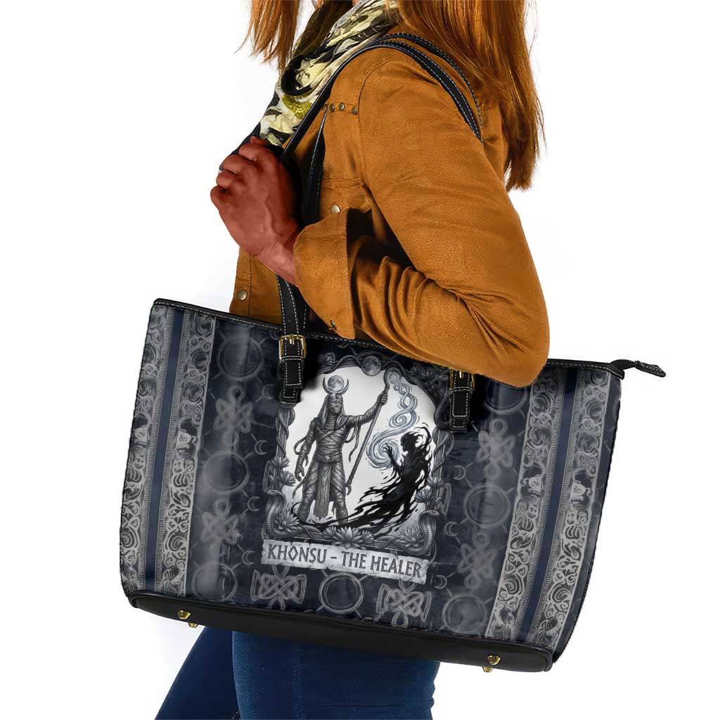 Khonsu Ancient Egyptian Leather Tote Bag with Dark Celtic Knot Pattern, Baboon Guardian Symbol, and Moon Healer Motif - African Pride