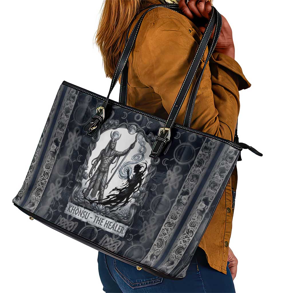 Khonsu Ancient Egyptian Leather Tote Bag with Dark Celtic Knot Pattern, Baboon Guardian Symbol, and Moon Healer Motif - African Pride