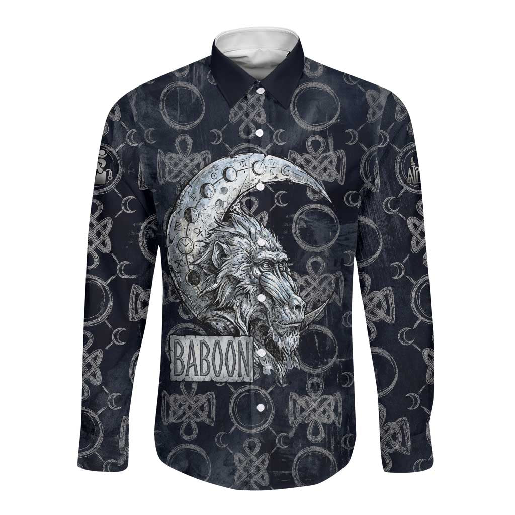 Khonsu Ancient Egyptian Long Sleeve Button Shirt with Dark Celtic Knot Pattern, Baboon Guardian Symbol, and Moon Healer Motif - African Pride