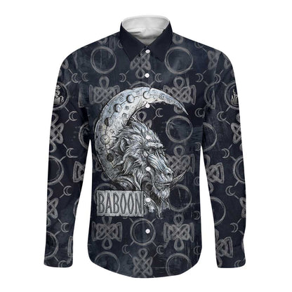 Khonsu Ancient Egyptian Long Sleeve Button Shirt with Dark Celtic Knot Pattern, Baboon Guardian Symbol, and Moon Healer Motif - African Pride