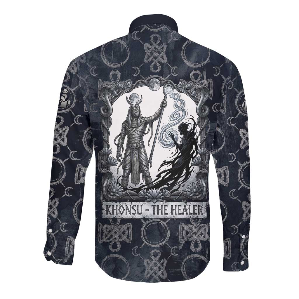 Khonsu Ancient Egyptian Long Sleeve Button Shirt with Dark Celtic Knot Pattern, Baboon Guardian Symbol, and Moon Healer Motif - African Pride