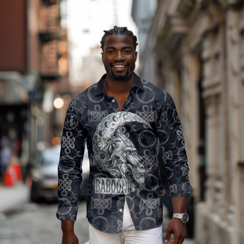 Khonsu Ancient Egyptian Long Sleeve Button Shirt with Dark Celtic Knot Pattern, Baboon Guardian Symbol, and Moon Healer Motif - African Pride