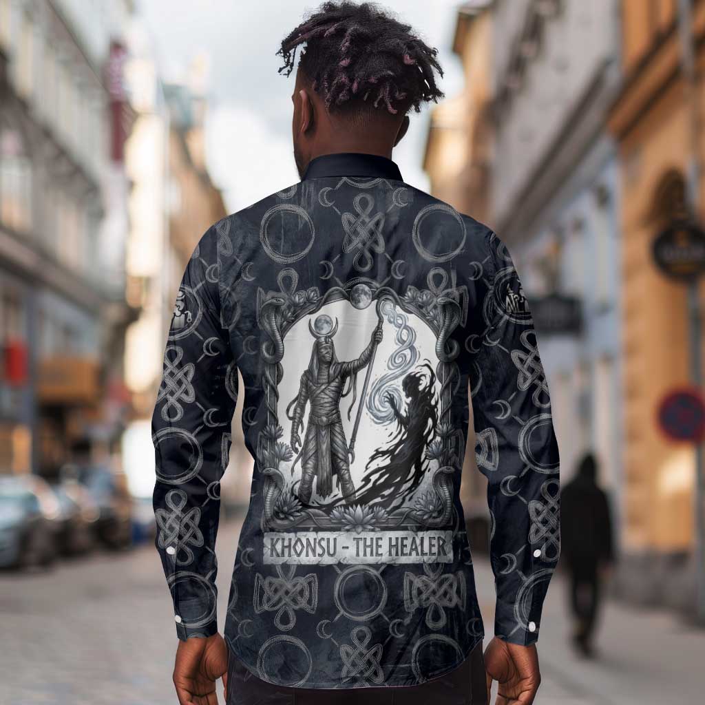 Khonsu Ancient Egyptian Long Sleeve Button Shirt with Dark Celtic Knot Pattern, Baboon Guardian Symbol, and Moon Healer Motif - African Pride
