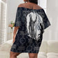 Khonsu Ancient Egyptian Off Shoulder Short Dress with Dark Celtic Knot Pattern, Baboon Guardian Symbol, and Moon Healer Motif - African Pride