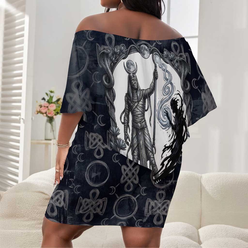 Khonsu Ancient Egyptian Off Shoulder Short Dress with Dark Celtic Knot Pattern, Baboon Guardian Symbol, and Moon Healer Motif - African Pride