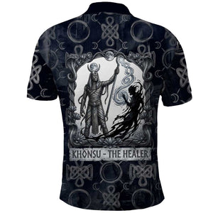 Khonsu Ancient Egyptian Polo Shirt with Dark Celtic Knot Pattern, Baboon Guardian Symbol, and Moon Healer Motif - African Pride