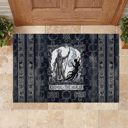 Khonsu Ancient Egyptian Rubber Doormat with Dark Celtic Knot Pattern, Baboon Guardian Symbol, and Moon Healer Motif - African Pride