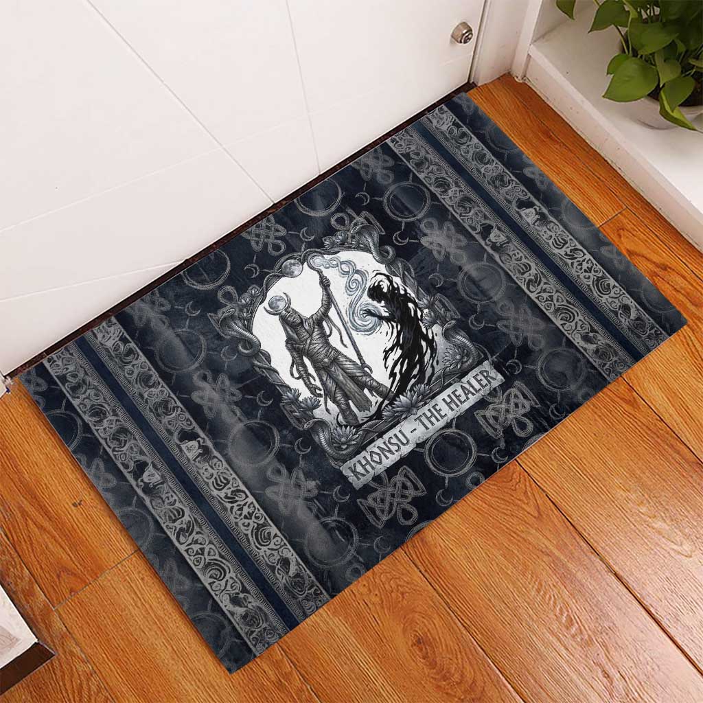 Khonsu Ancient Egyptian Rubber Doormat with Dark Celtic Knot Pattern, Baboon Guardian Symbol, and Moon Healer Motif - African Pride