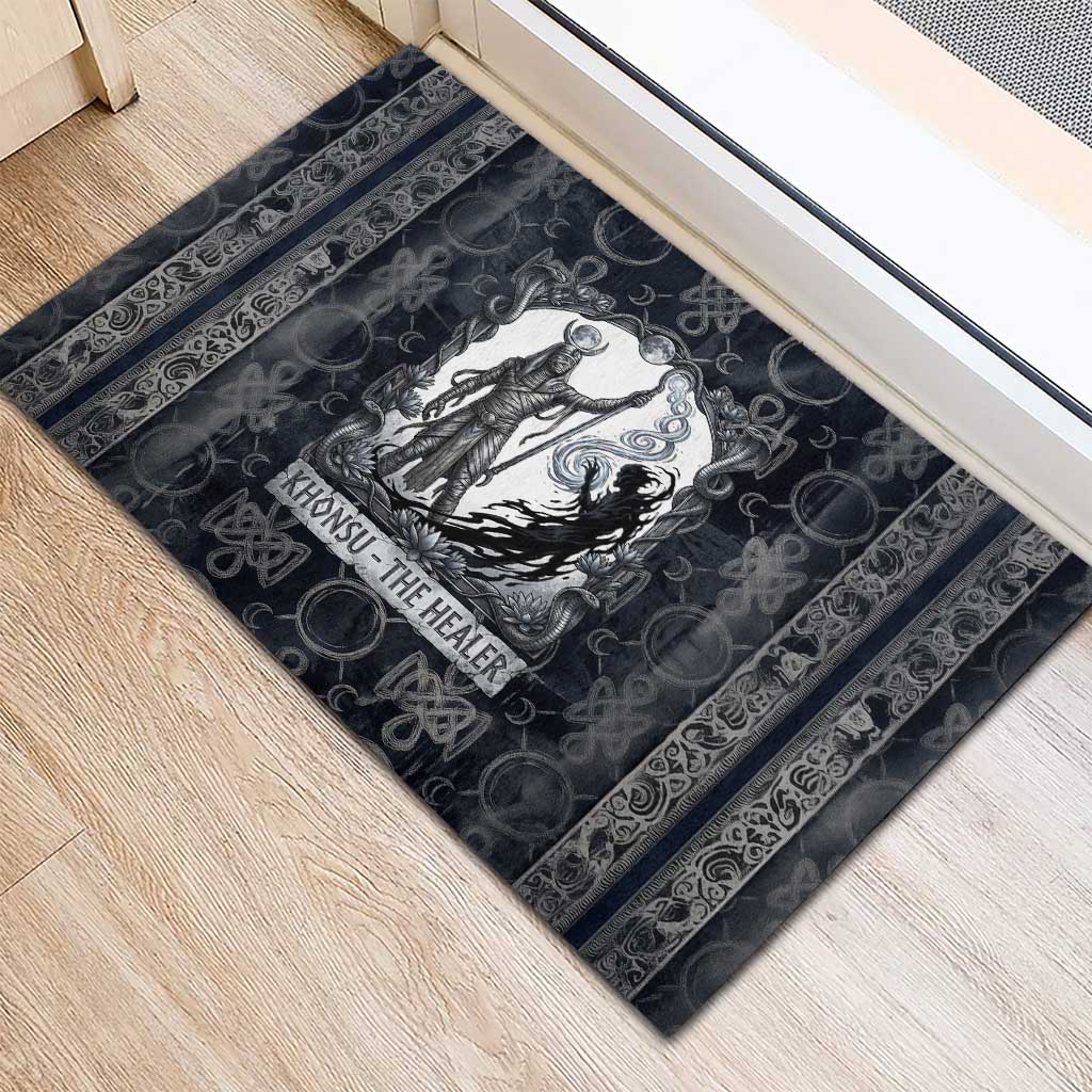 Khonsu Ancient Egyptian Rubber Doormat with Dark Celtic Knot Pattern, Baboon Guardian Symbol, and Moon Healer Motif - African Pride
