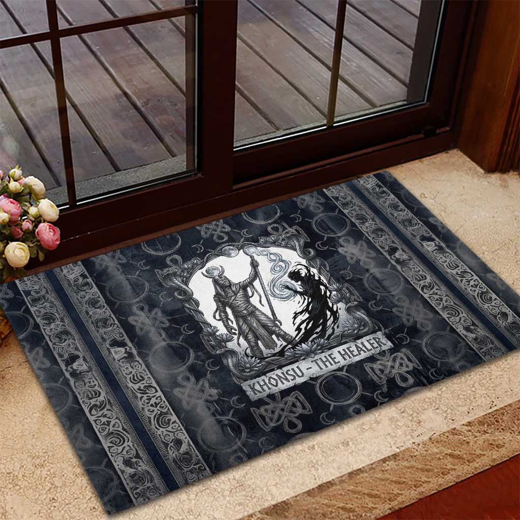 Khonsu Ancient Egyptian Rubber Doormat with Dark Celtic Knot Pattern, Baboon Guardian Symbol, and Moon Healer Motif - African Pride