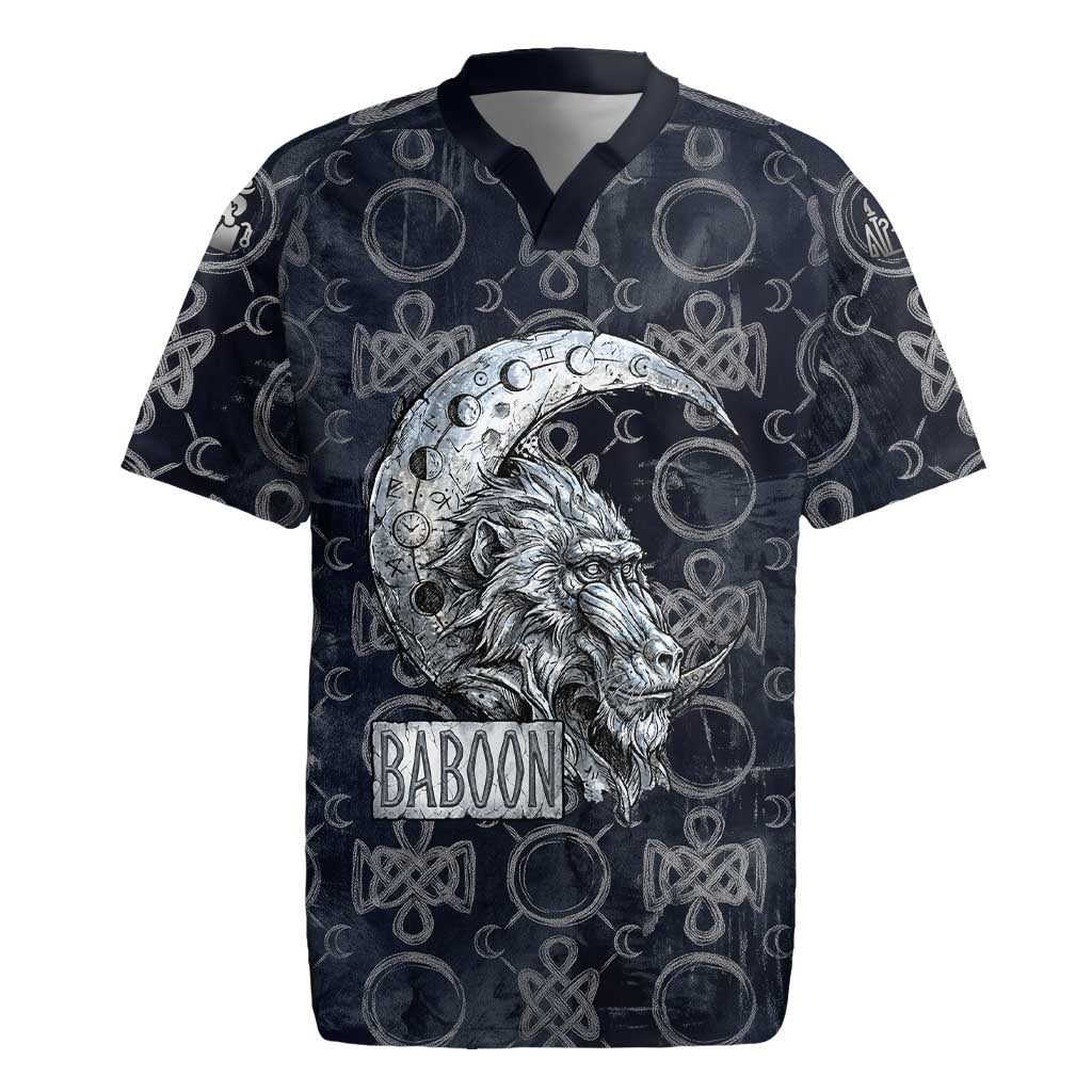 Khonsu Ancient Egyptian Rugby Jersey with Dark Celtic Knot Pattern, Baboon Guardian Symbol, and Moon Healer Motif - African Pride