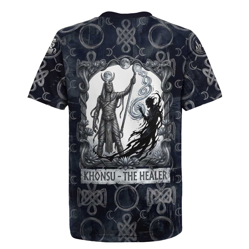 Khonsu Ancient Egyptian Rugby Jersey with Dark Celtic Knot Pattern, Baboon Guardian Symbol, and Moon Healer Motif - African Pride