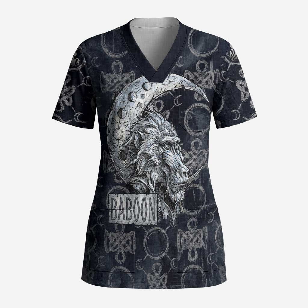 Khonsu Ancient Egyptian Scrub Top with Dark Celtic Knot Pattern, Baboon Guardian Symbol, and Moon Healer Motif - African Pride