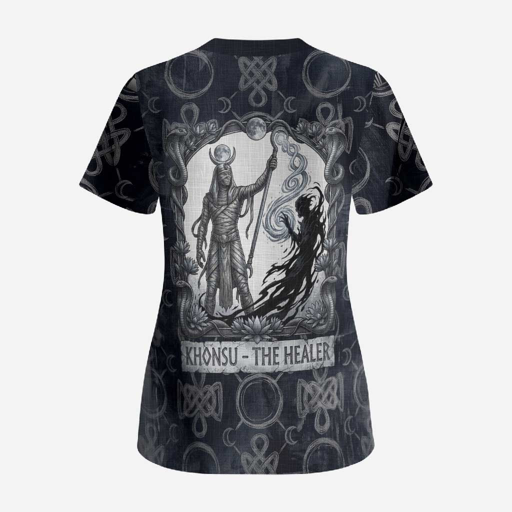 Khonsu Ancient Egyptian Scrub Top with Dark Celtic Knot Pattern, Baboon Guardian Symbol, and Moon Healer Motif - African Pride