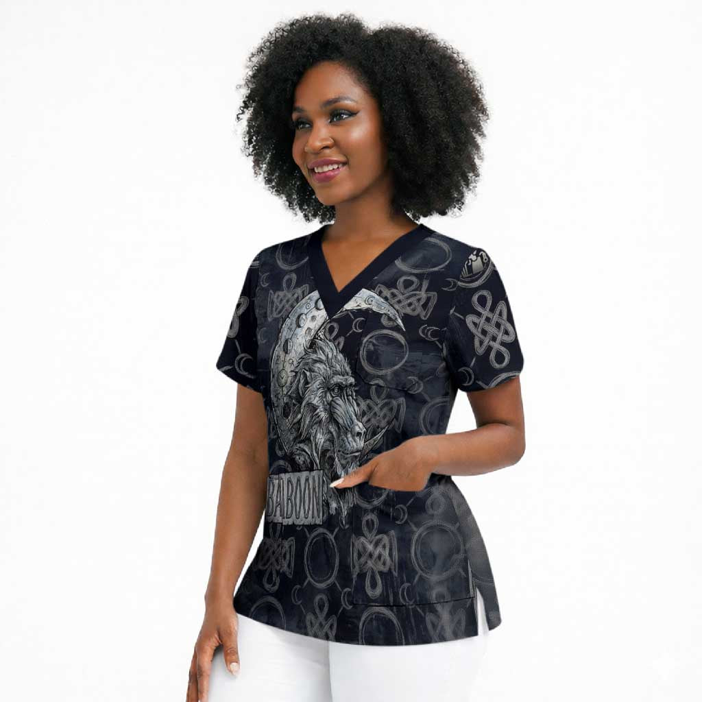 Khonsu Ancient Egyptian Scrub Top with Dark Celtic Knot Pattern, Baboon Guardian Symbol, and Moon Healer Motif - African Pride