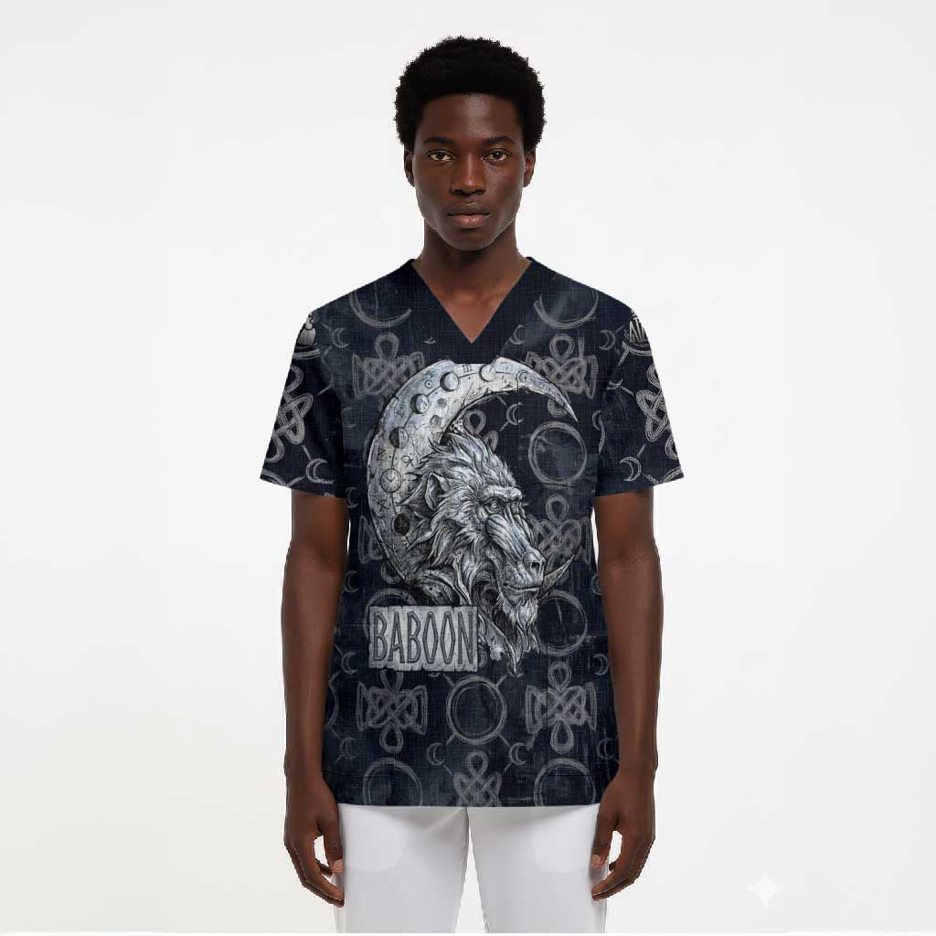Khonsu Ancient Egyptian Scrub Top with Dark Celtic Knot Pattern, Baboon Guardian Symbol, and Moon Healer Motif - African Pride