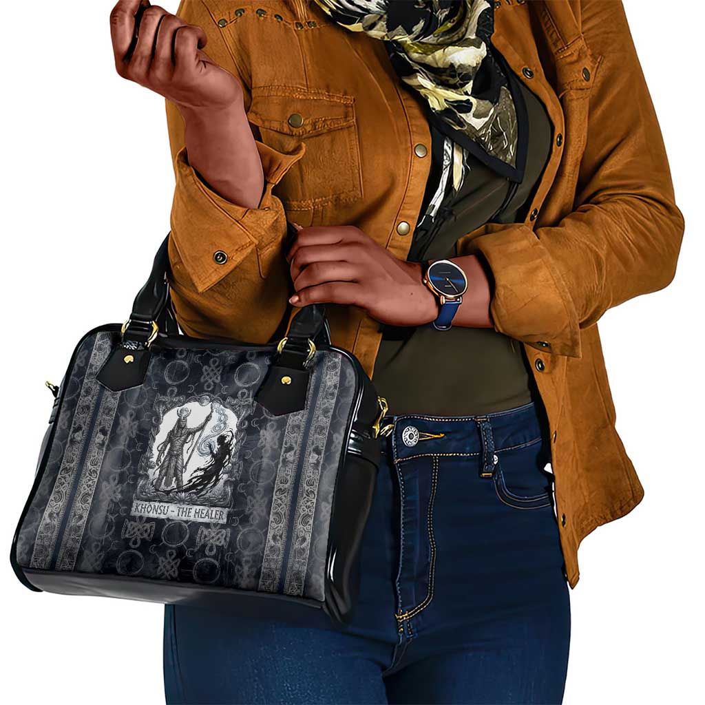 Khonsu Ancient Egyptian Shoulder Handbag with Dark Celtic Knot Pattern, Baboon Guardian Symbol, and Moon Healer Motif - African Pride