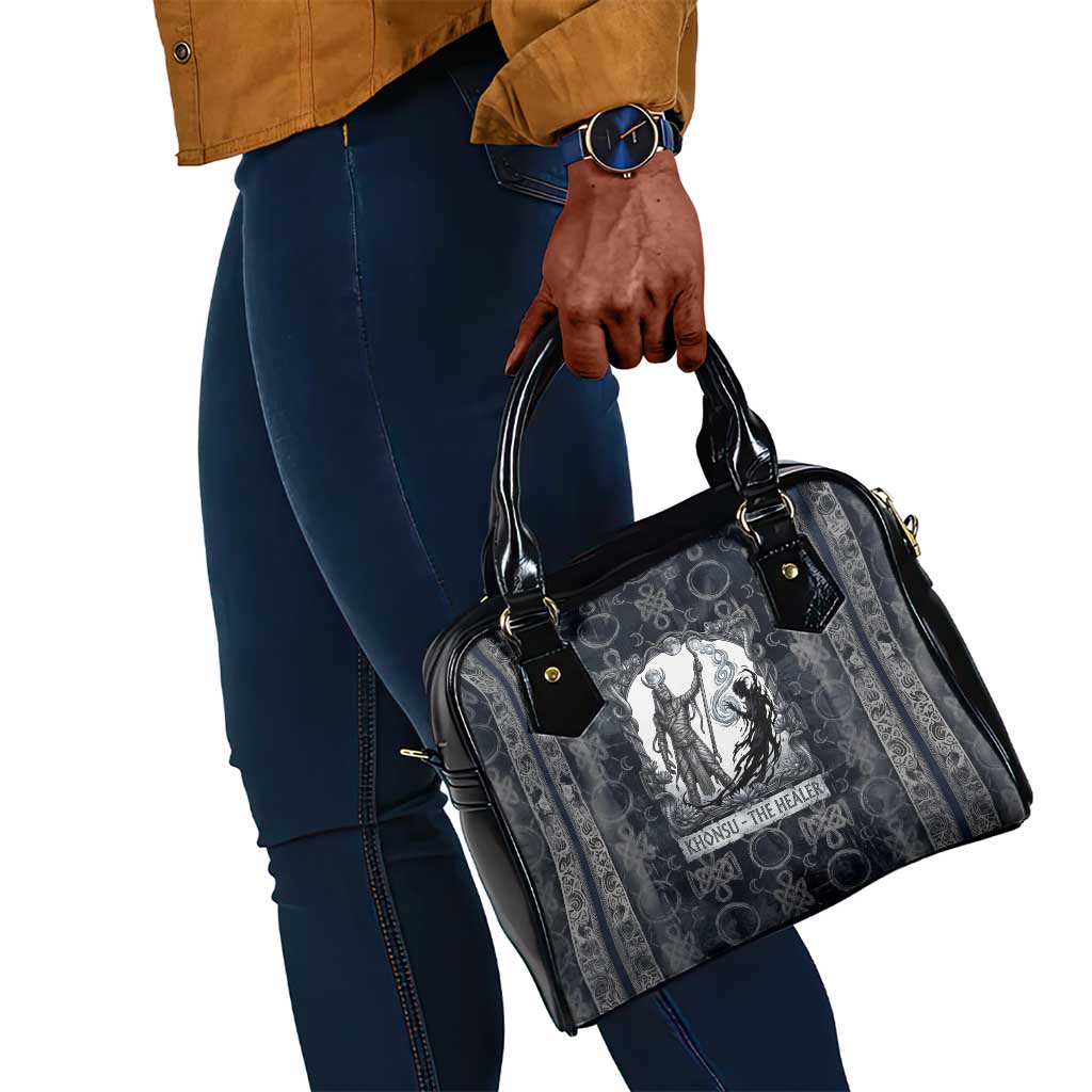 Khonsu Ancient Egyptian Shoulder Handbag with Dark Celtic Knot Pattern, Baboon Guardian Symbol, and Moon Healer Motif - African Pride