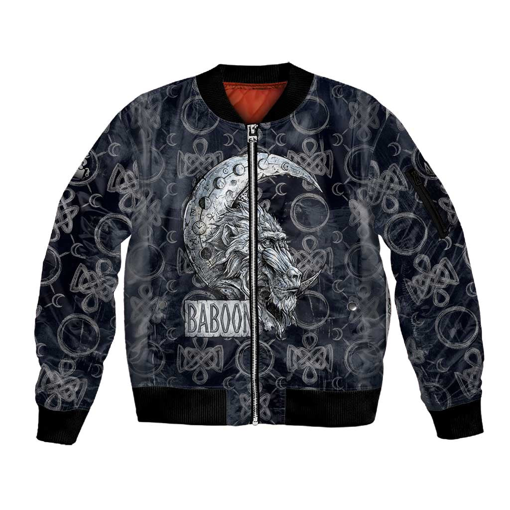 Khonsu Ancient Egyptian Sleeve Zip Bomber Jacket with Dark Celtic Knot Pattern, Baboon Guardian Symbol, and Moon Healer Motif - African Pride