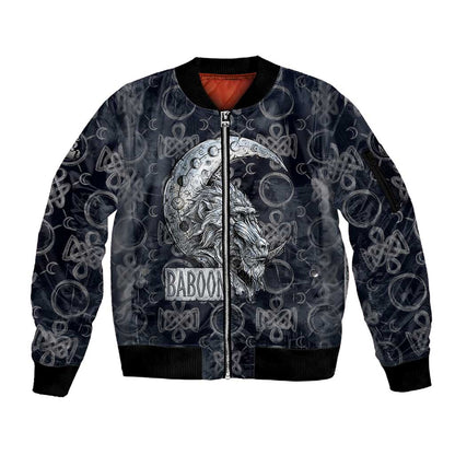 Khonsu Ancient Egyptian Sleeve Zip Bomber Jacket with Dark Celtic Knot Pattern, Baboon Guardian Symbol, and Moon Healer Motif - African Pride