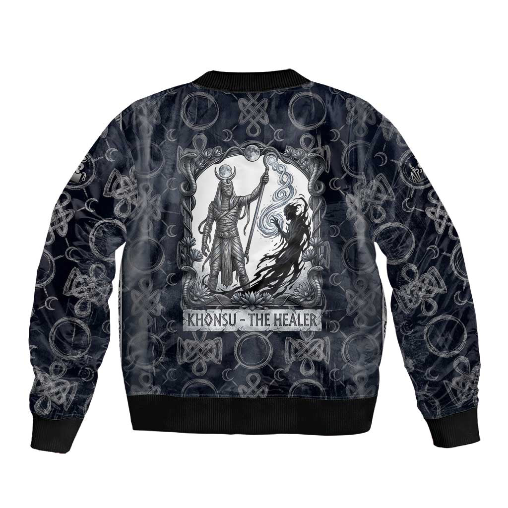 Khonsu Ancient Egyptian Sleeve Zip Bomber Jacket with Dark Celtic Knot Pattern, Baboon Guardian Symbol, and Moon Healer Motif - African Pride