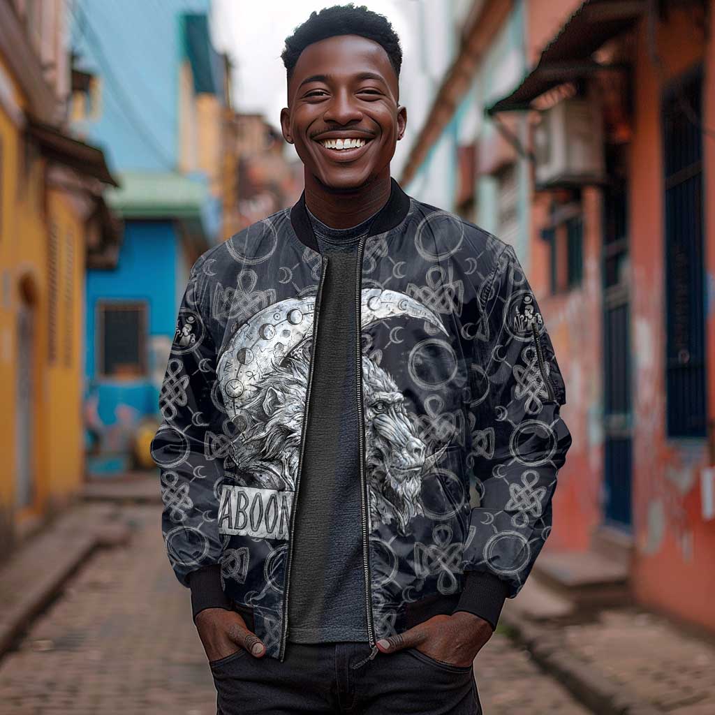 Khonsu Ancient Egyptian Sleeve Zip Bomber Jacket with Dark Celtic Knot Pattern, Baboon Guardian Symbol, and Moon Healer Motif - African Pride