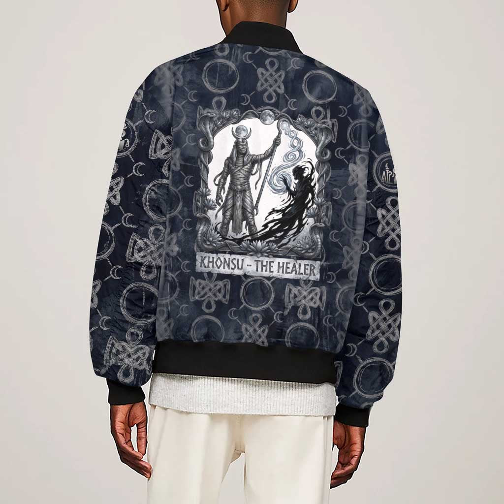 Khonsu Ancient Egyptian Sleeve Zip Bomber Jacket with Dark Celtic Knot Pattern, Baboon Guardian Symbol, and Moon Healer Motif - African Pride