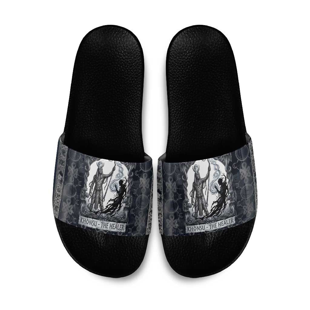 Khonsu Ancient Egyptian Slide Sandals with Dark Celtic Knot Pattern, Baboon Guardian Symbol, and Moon Healer Motif - African Pride