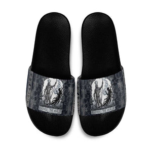 Khonsu Ancient Egyptian Slide Sandals with Dark Celtic Knot Pattern, Baboon Guardian Symbol, and Moon Healer Motif - African Pride